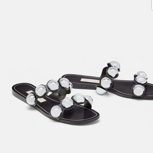 Zara Black Silver Two Strap Metallic Detail Sandal NWOT